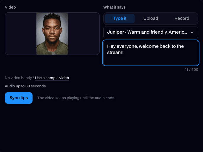 Lip Sync with a sample video added, a typed line in the Juniper voice and the Sync lips button