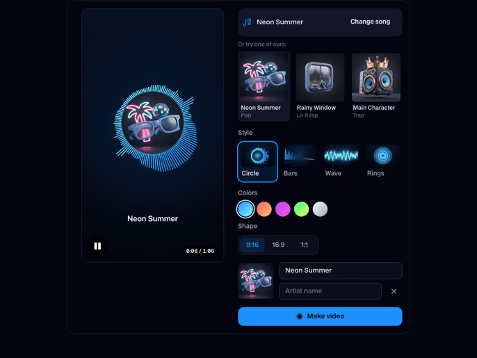 The Music Visualizer with a tall circle of blue spectrum bars around a song's cover art, the style tiles and the Make video button