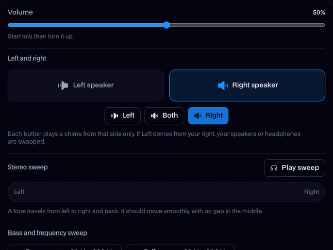 Sound Test with the volume slider, left and right speaker tiles, the stereo sweep track, the bass and full sweep buttons and the volume check meter