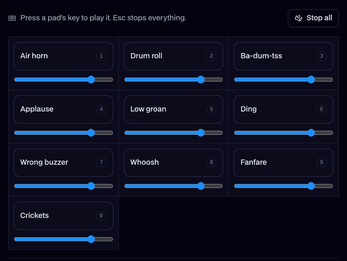 The Soundboard: sound buttons, each with a number key and a volume slider