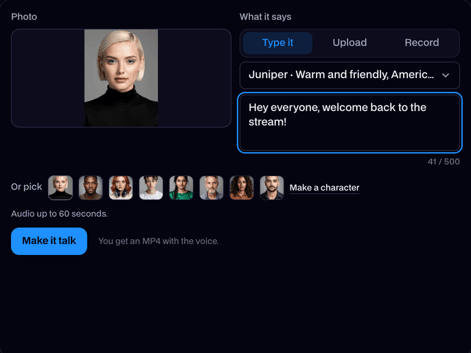 Talking Photo with a built-in face picked, a typed line in the Juniper voice and the Make it talk button