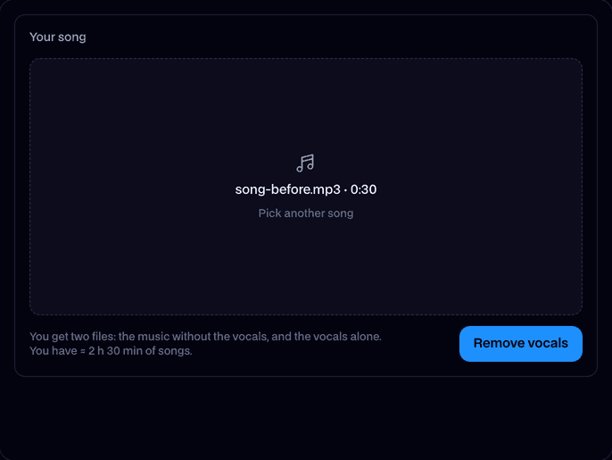 The Vocal Remover with a song upload area and a Remove vocals button