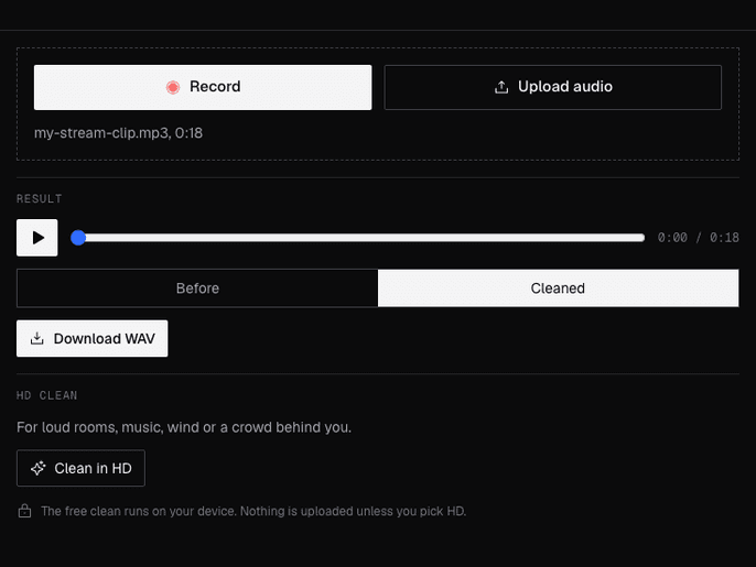 The Voice Isolator with Record and Upload audio buttons, a before and after player and a Download WAV button