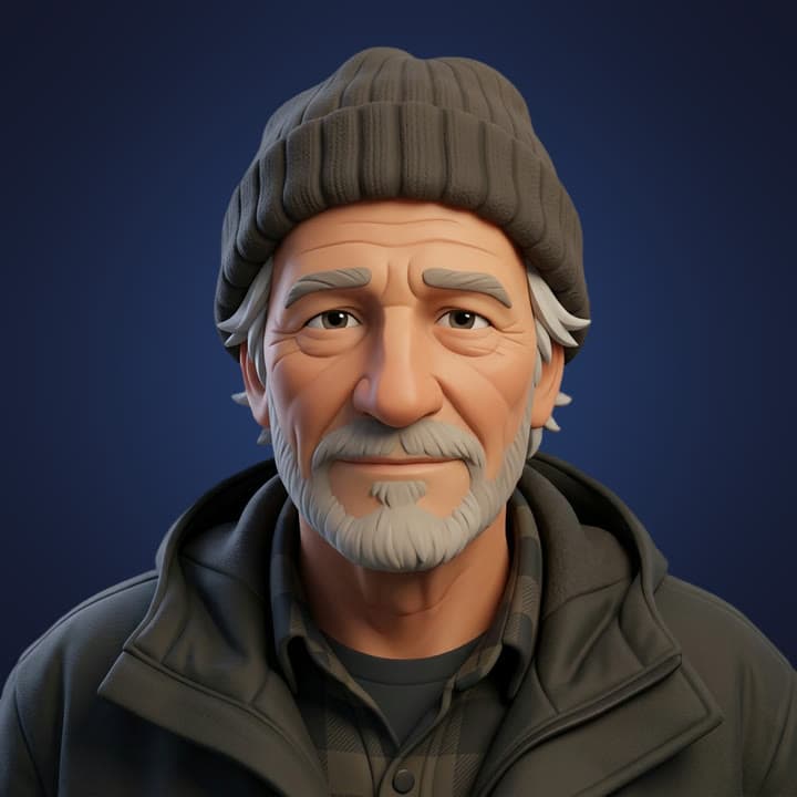 A 3D cartoon avatar drawn from a photo of an older man in a beanie, idle and talking