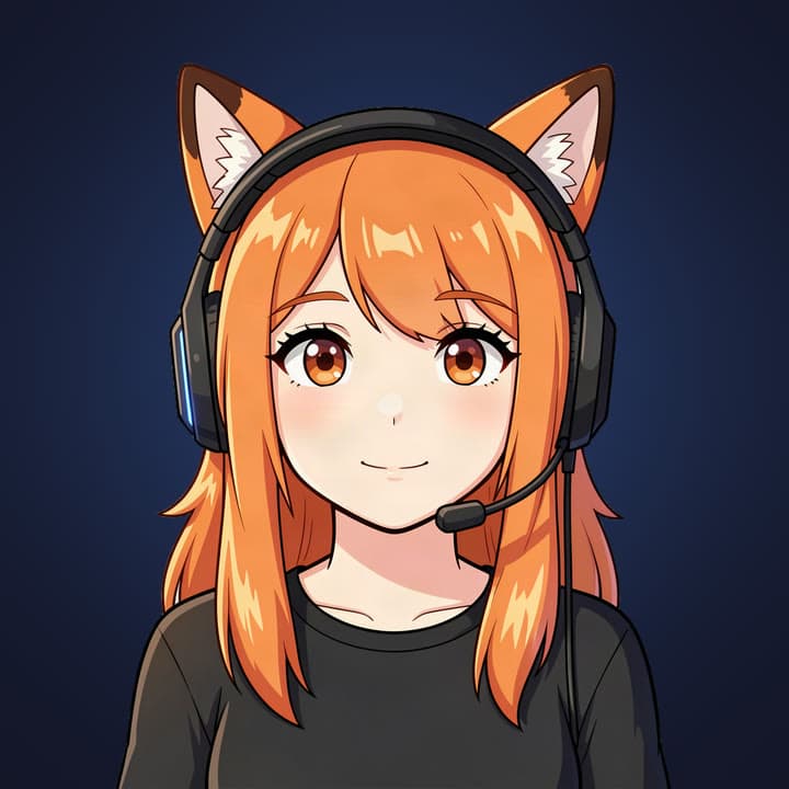 An anime fox-eared girl with a headset, switching between her idle and talking pictures