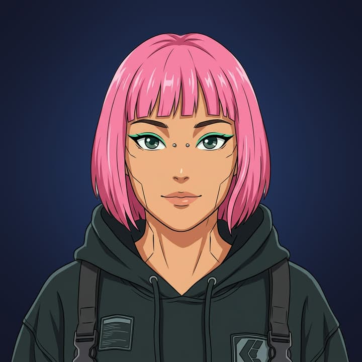 An anime avatar drawn from a photo of a woman with a pink bob, idle and talking