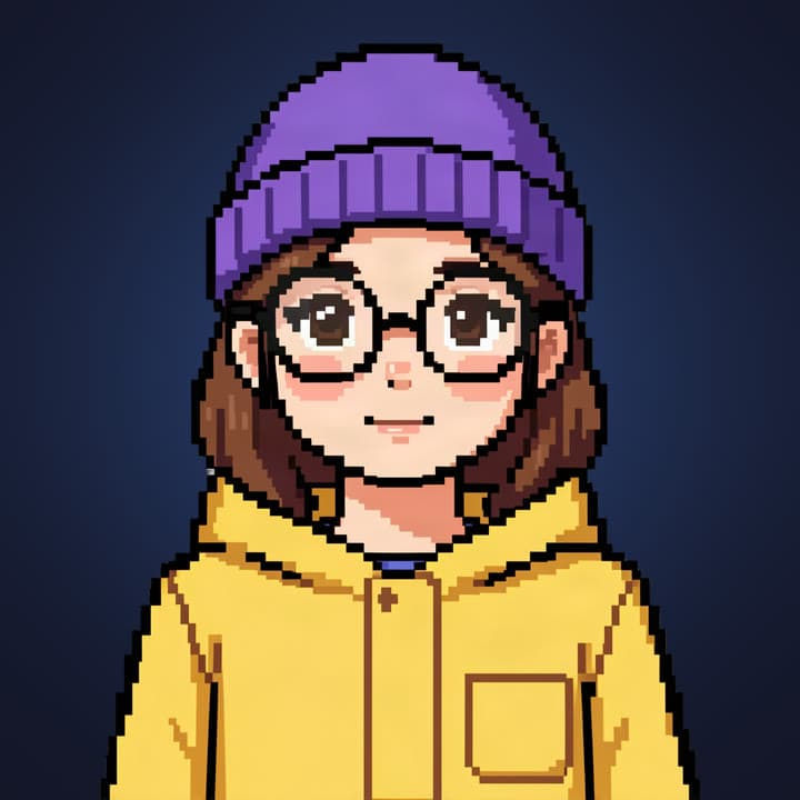 A pixel art girl in a purple beanie and round glasses, switching between idle and talking