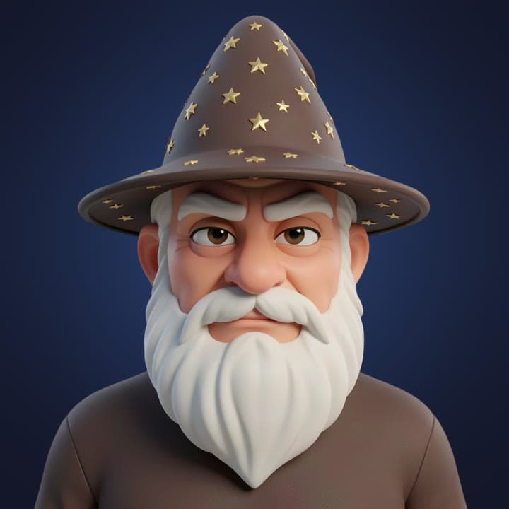 A 3D cartoon wizard with a white beard, switching between his idle and talking pictures