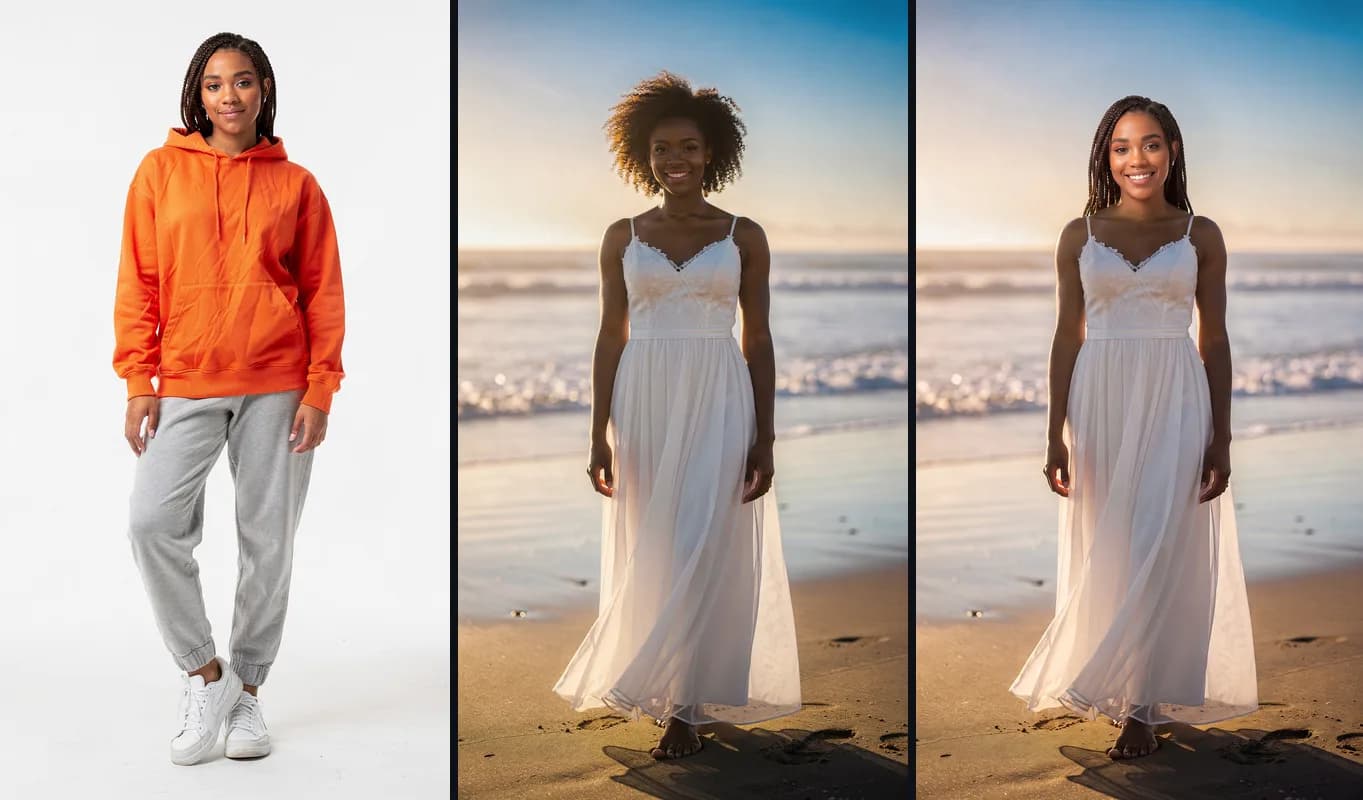 A woman with box braids in an orange hoodie, a woman in a white dress on a beach at sunset, and the beach photo with the braided woman in the white dress