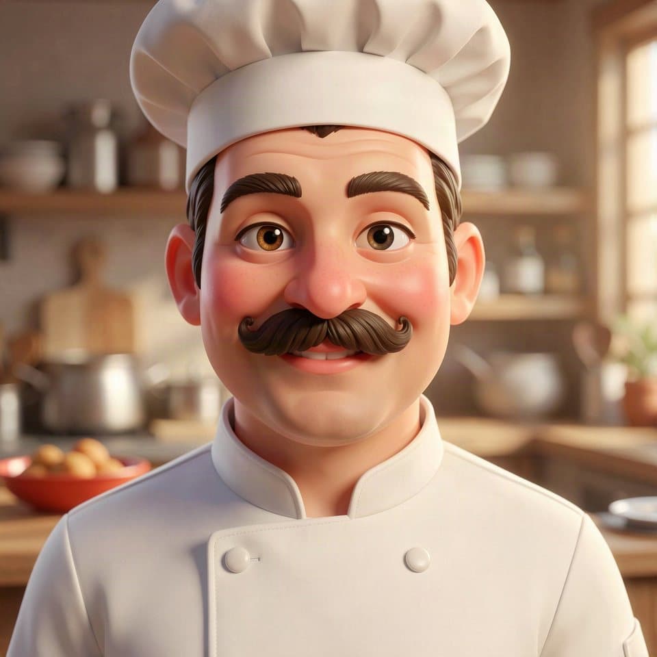 A generated 3D cartoon chef with a curly mustache, rosy cheeks and a white hat