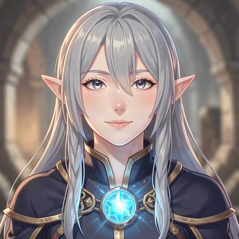 A generated anime portrait of a silver-haired elf with pointed ears and a glowing blue amulet