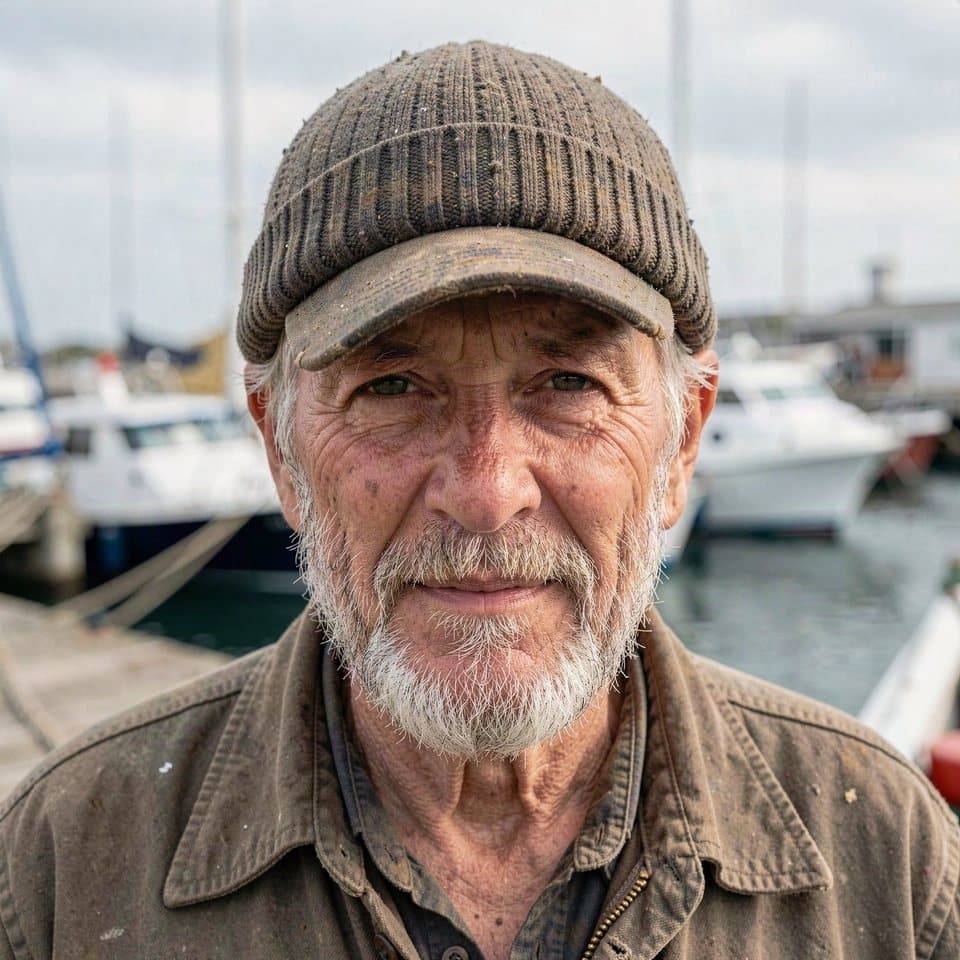 A generated photo-real portrait of an elderly fisherman in a knit cap at a harbor