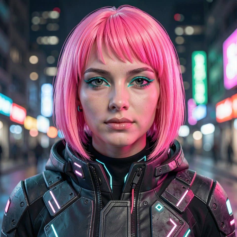 A generated portrait of a woman with a neon pink bob and teal eyeliner, city lights behind her