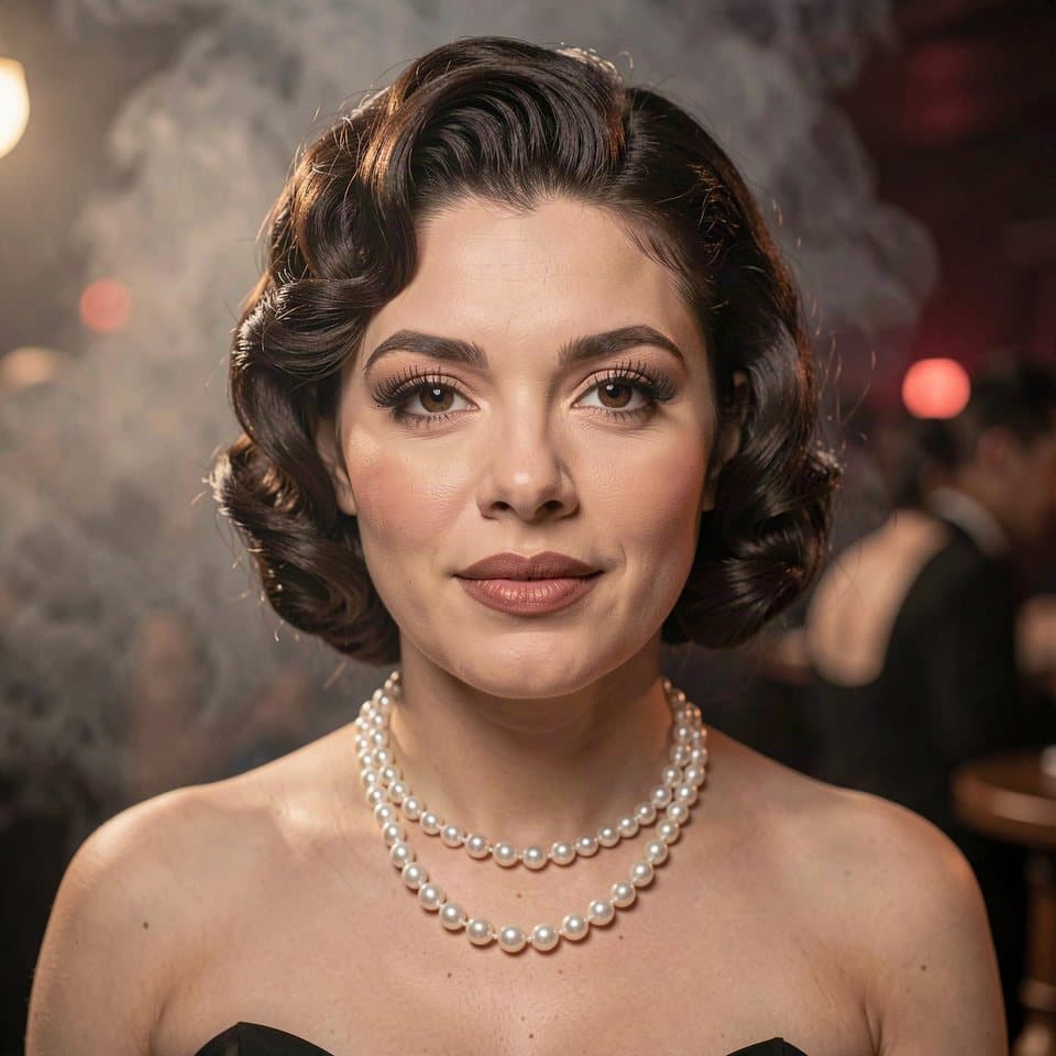 A generated portrait of a 1920s singer with finger-waved hair and pearls in a smoky club