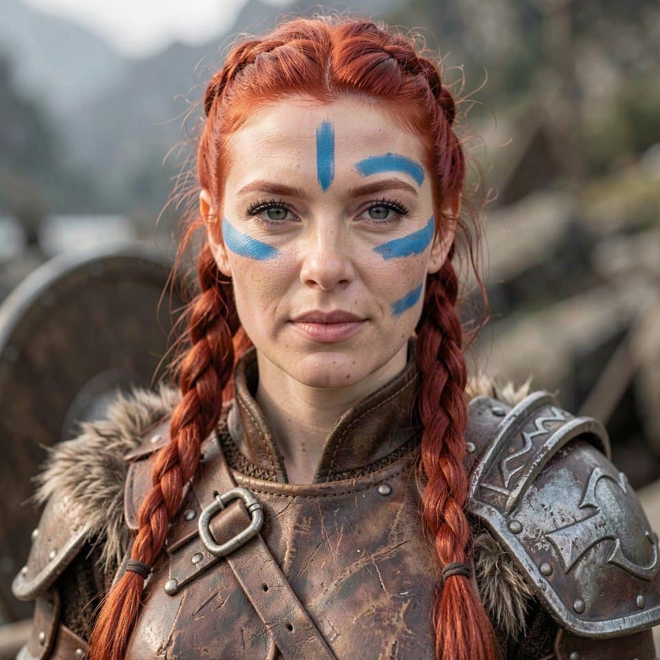 A generated portrait of a red-haired woman with braids and blue war paint