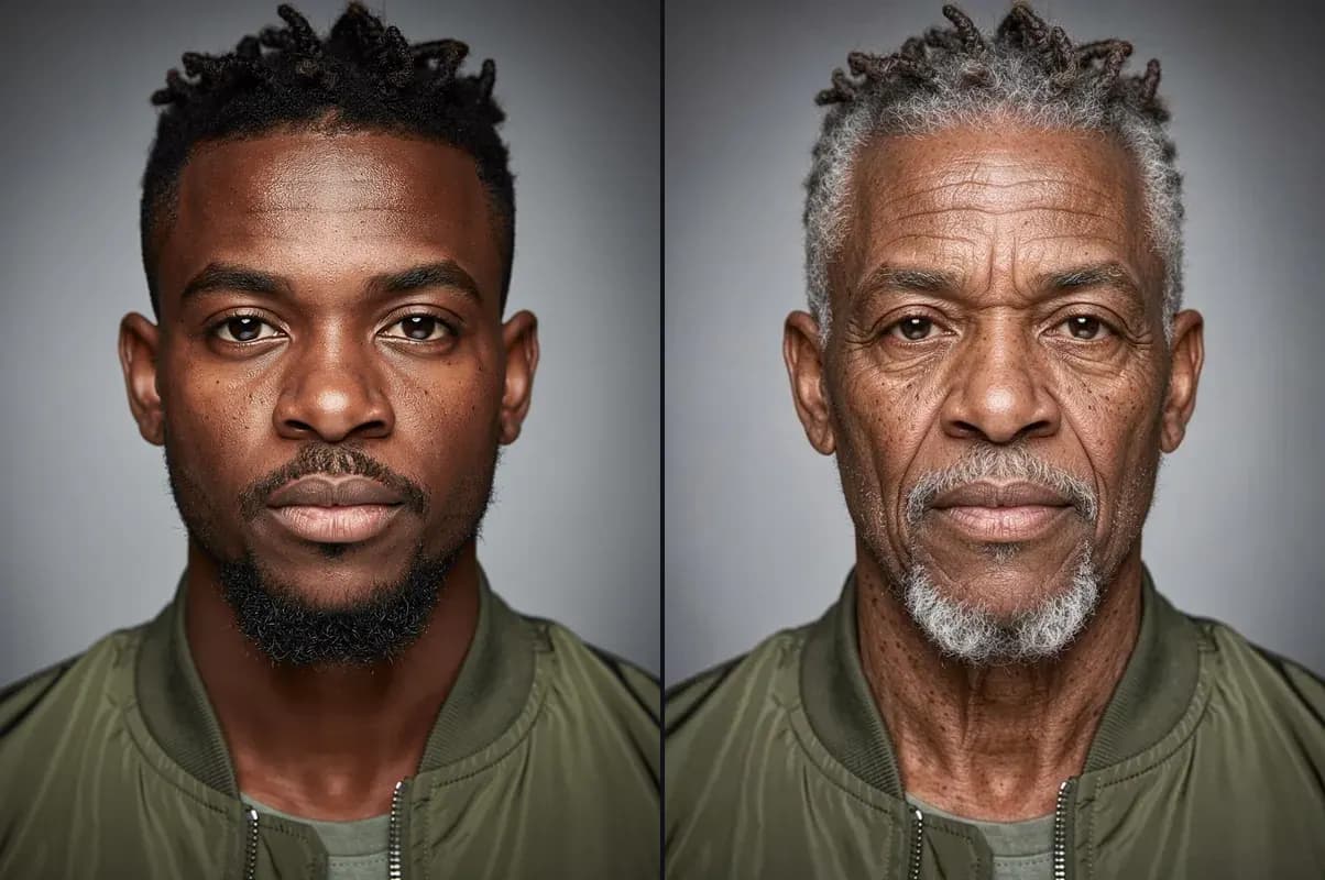 A man in his twenties and the same man aged to about 60