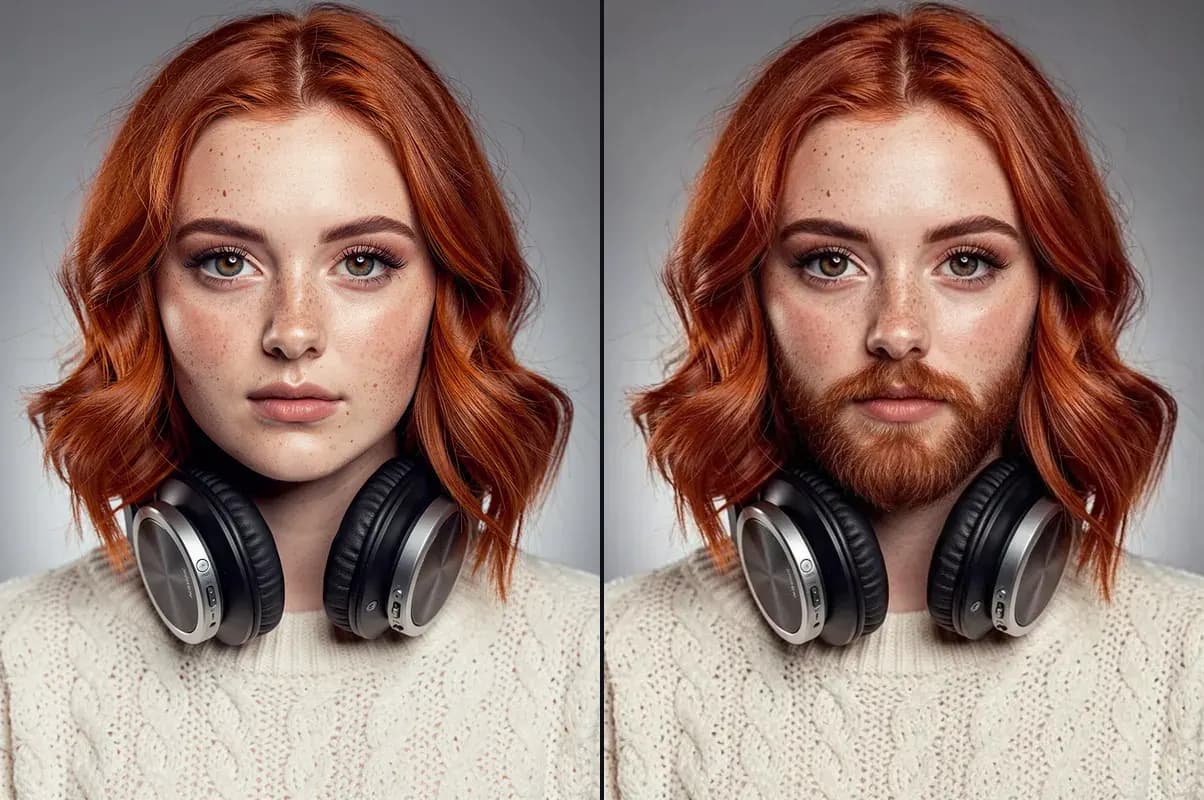 A red-haired woman and the same face with a full red beard