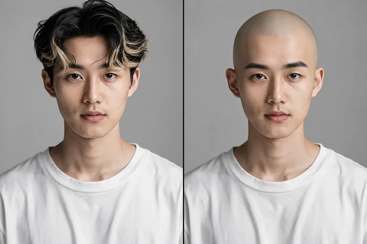 A young man with dark curtain hair and the same man fully bald