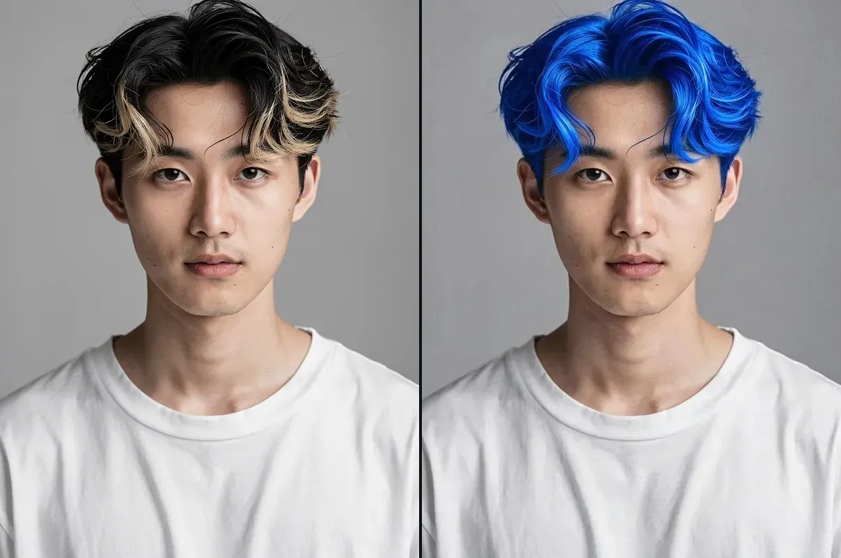 A young man before and after his hair turns electric blue