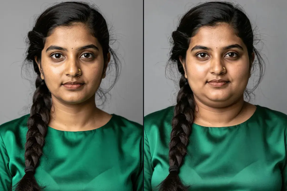 A woman's portrait and the same woman with a fuller face and body