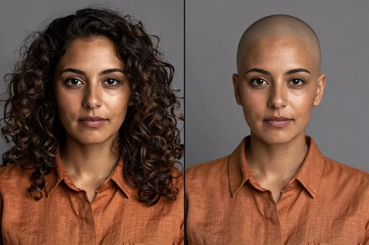 A woman with curly hair before and after the bald filter
