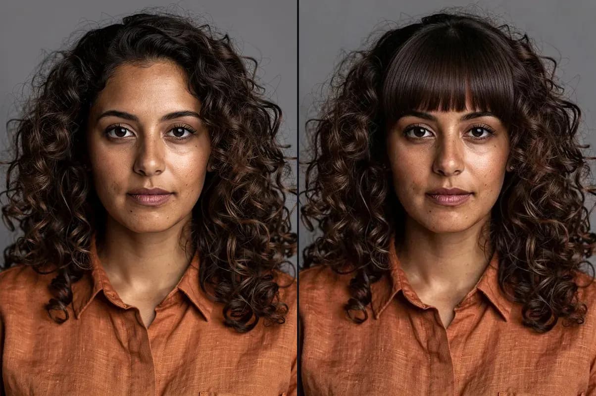 A woman with long dark curls and the same woman with straight blunt bangs