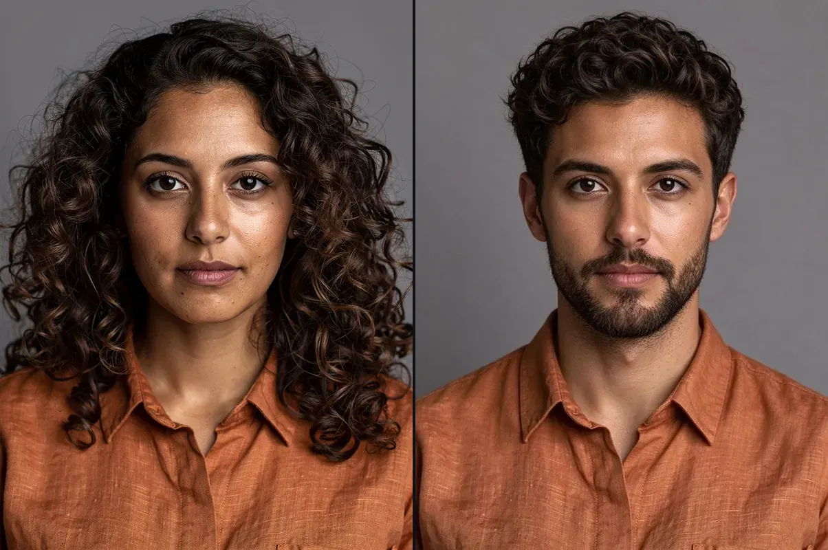 A woman's portrait and the same face as a man with the Gender swap filter