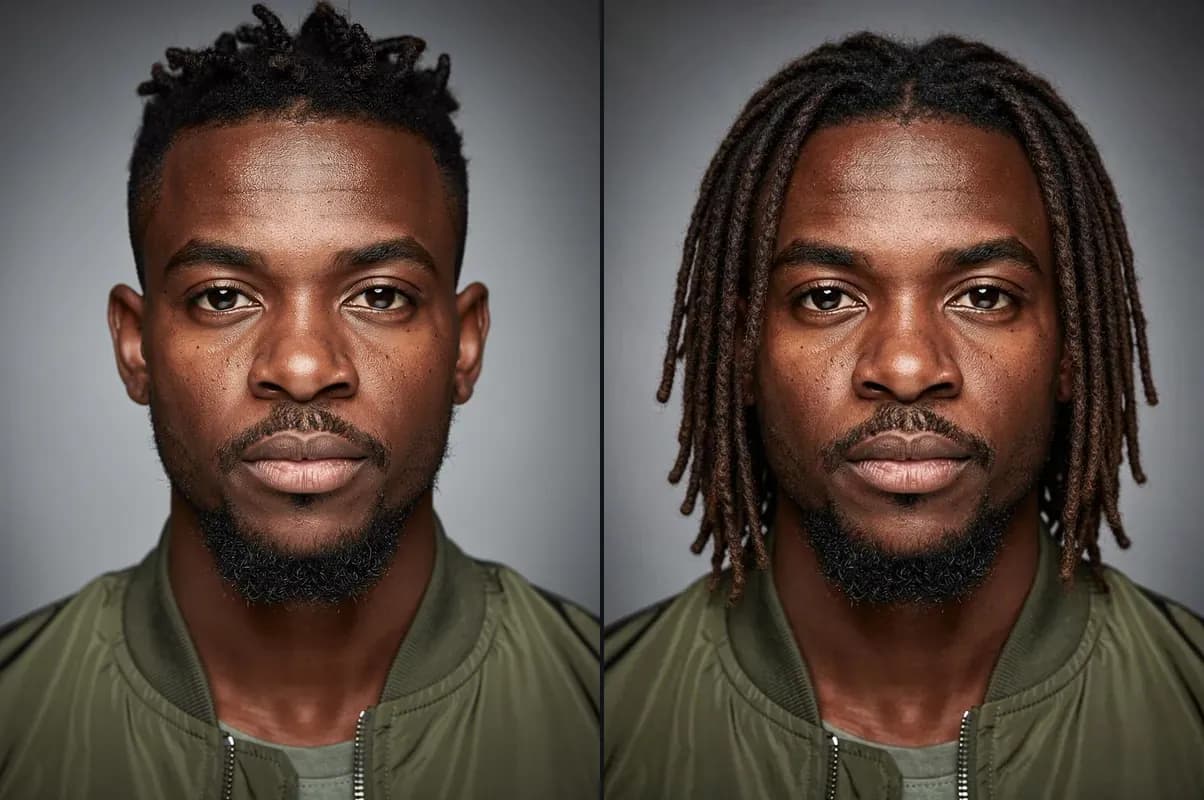 A man with short twists and the same man with shoulder-length dreadlocks