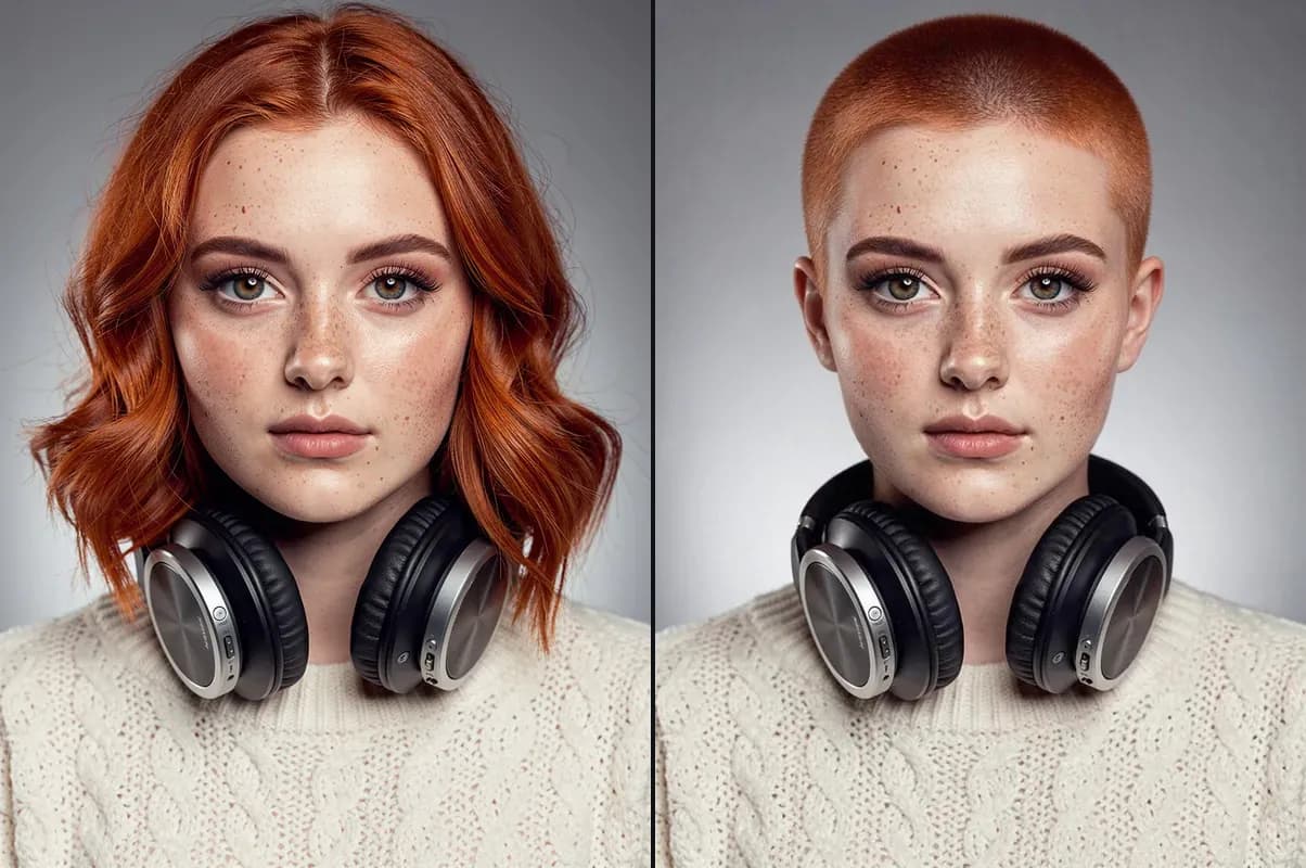 A red-haired woman with wavy bob and the same woman with a red buzz cut