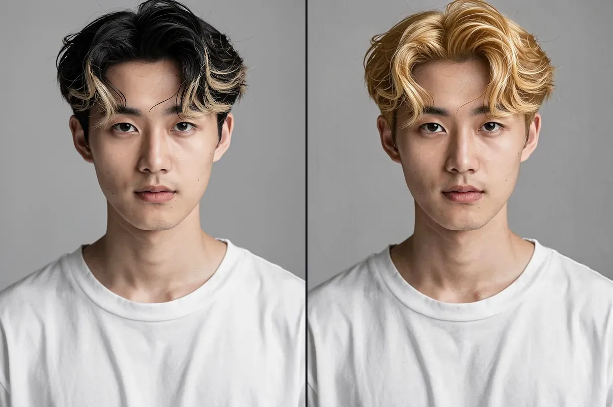 A young man with black and blond hair and the same man with all golden blonde hair