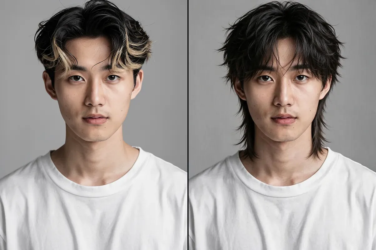 A young man with short wavy hair and the same man with a shaggy wolf cut