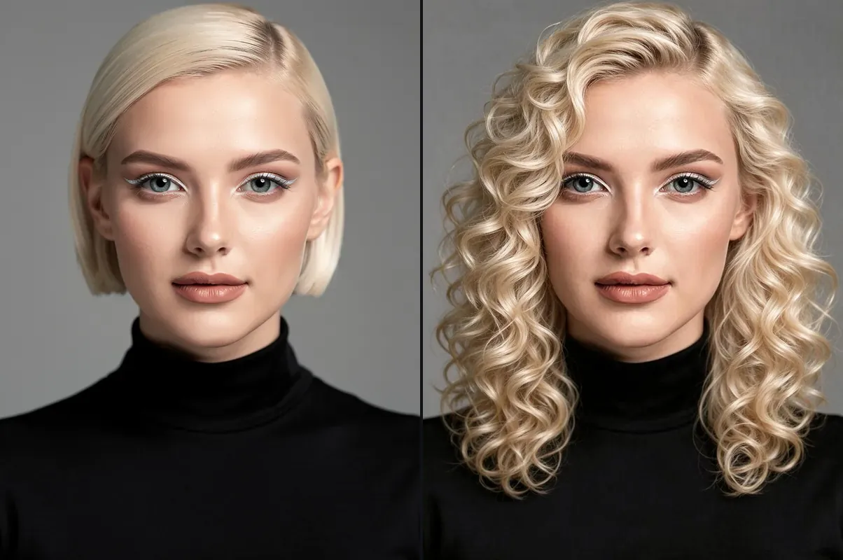 A woman with a sleek platinum bob and the same woman with long platinum curls