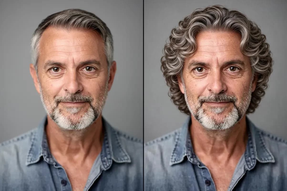 An older man with short grey hair and the same man with grey permed curls