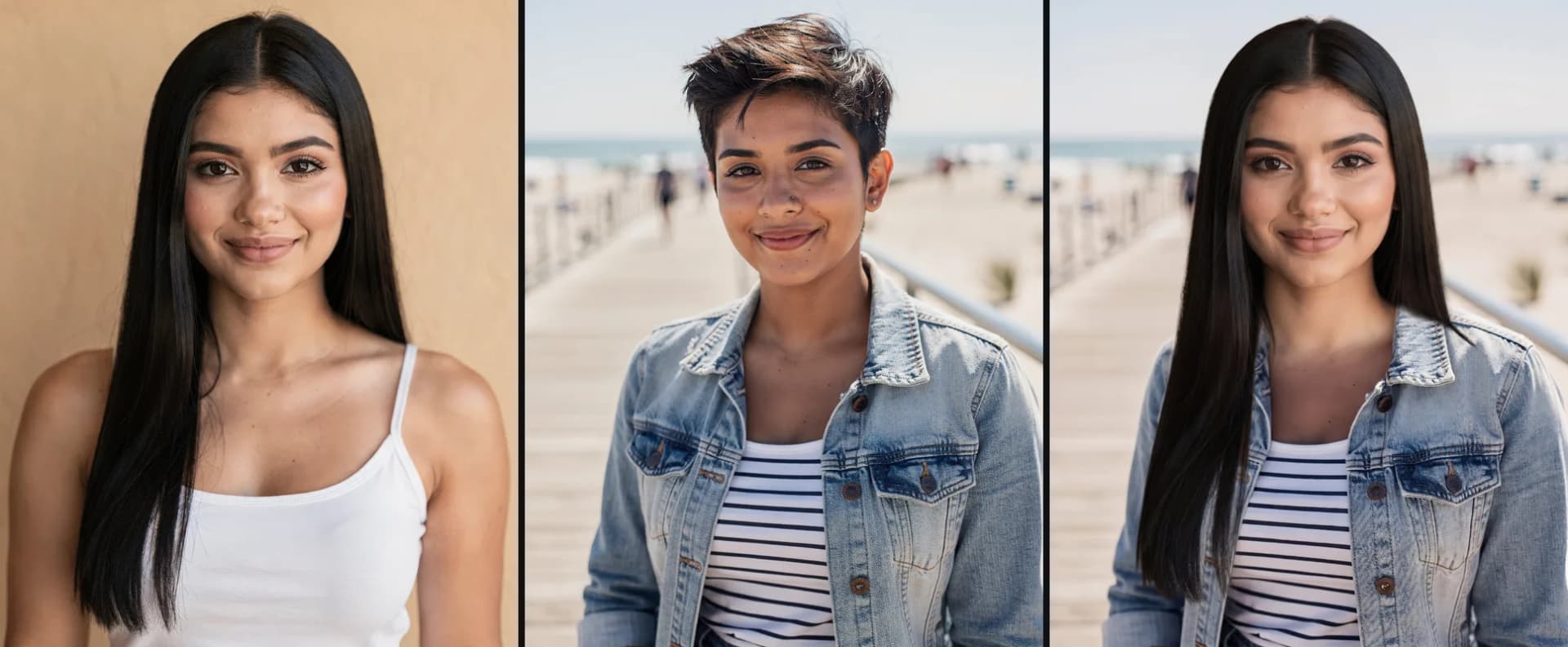 A woman with very long straight black hair, a woman with a pixie cut on a boardwalk, and the boardwalk photo with the long-haired woman's head