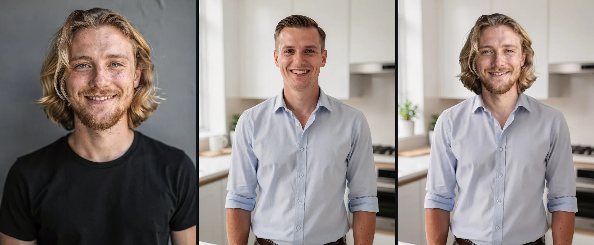 A man with shoulder-length wavy blond hair and a beard, a clean-shaven man in a kitchen, and the kitchen photo with the blond man's head