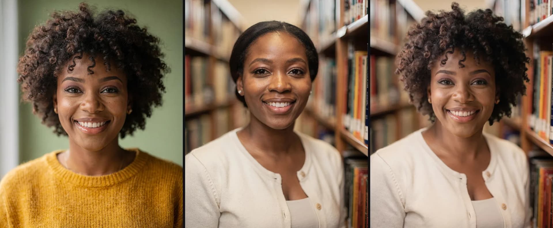 A woman with a big curly afro, a woman with tucked-back hair in a library, and the library photo with the afro