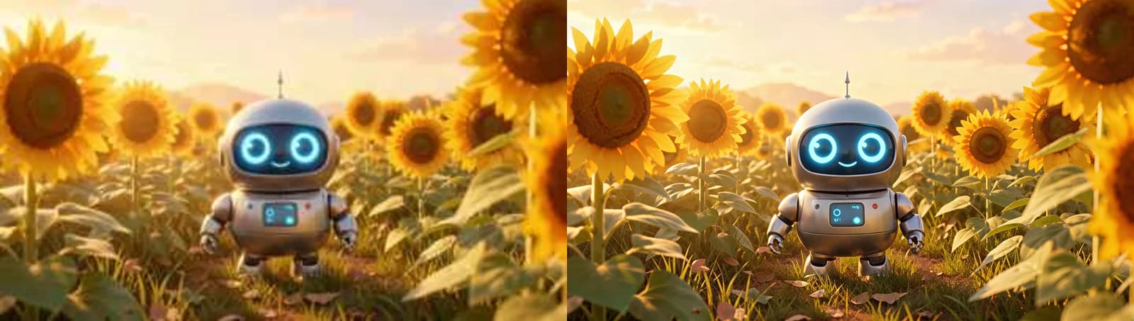 A small toy robot in a sunflower field: soft and pixelated on the left, crisp metal, glowing eyes and petals on the right