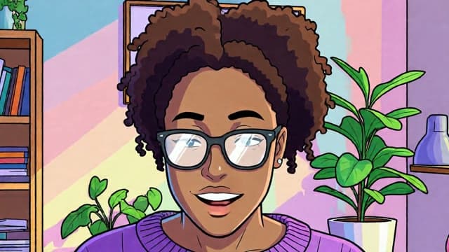 A woman with glasses on her webcam redrawn as an anime illustration, her room in pastel colors