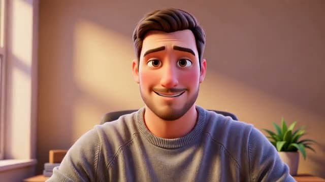 A bearded man on his webcam turned into a smiling 3D animated movie character in a warmly lit room