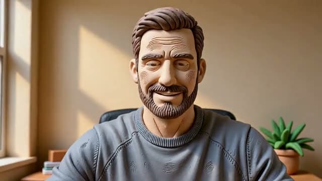 A bearded man on his webcam turned into a smiling clay figure with sculpted hair, a clay sweater and a clay plant