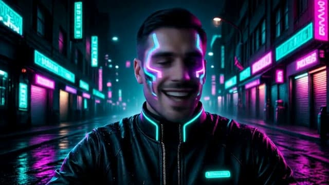 A man on his webcam as a cyberpunk hacker with glowing neon implants on a rainy neon street