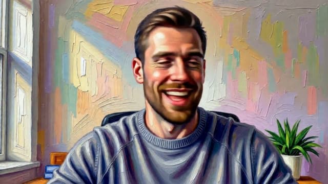 A man on his webcam painted in thick oil brush strokes, his room turned into a pastel canvas