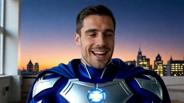 A man on his webcam in a deep blue superhero suit with silver armor and a glowing chest emblem, a city skyline at dusk behind him