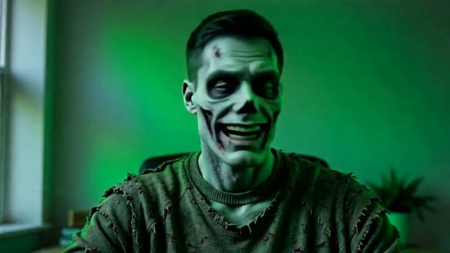 A man on his webcam turned into a grinning zombie with grey-green skin and a torn sweater in green light