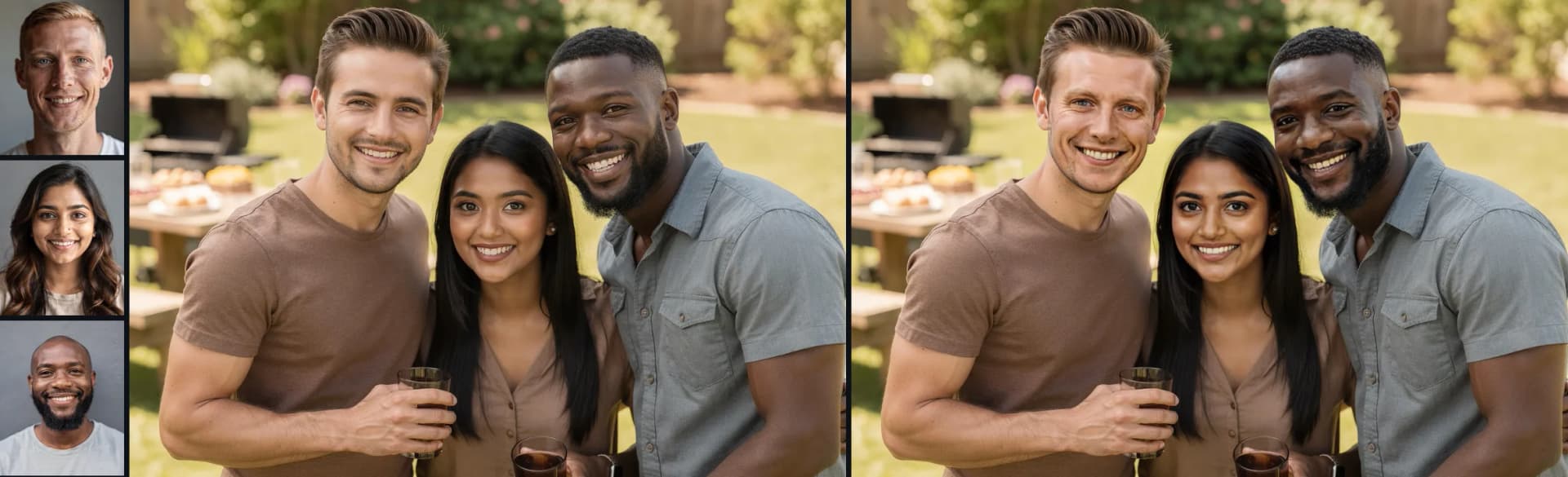Three source faces, a backyard photo of three friends, and the same photo with each friend given one of the three faces
