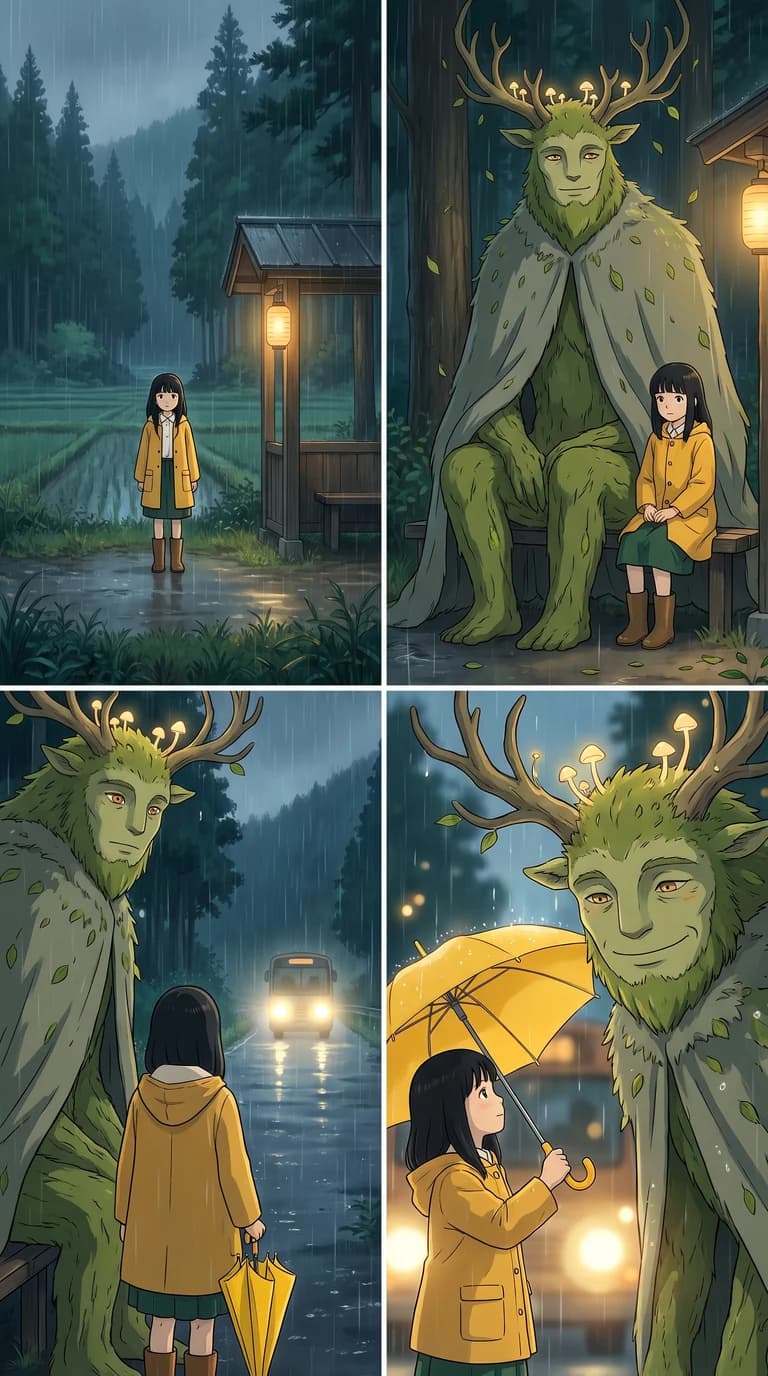 A four-shot vertical anime storyboard: a girl in a yellow raincoat waits at a rural bus stop, a giant mossy forest spirit sits beside her, the bus lights appear, she gives the spirit her yellow umbrella