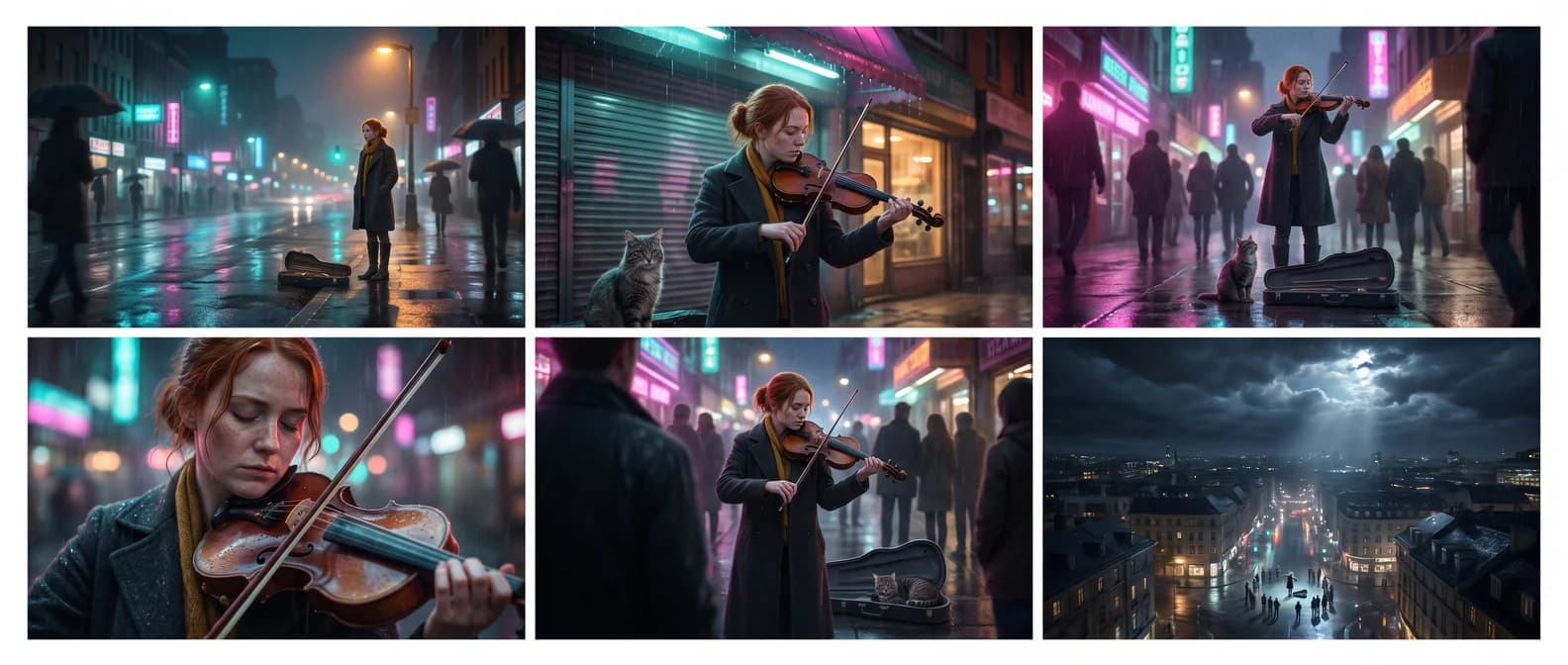 A six-shot cinematic storyboard of a red-haired violinist busking on a rainy neon street with a grey tabby cat, ending with the clouds opening over the city