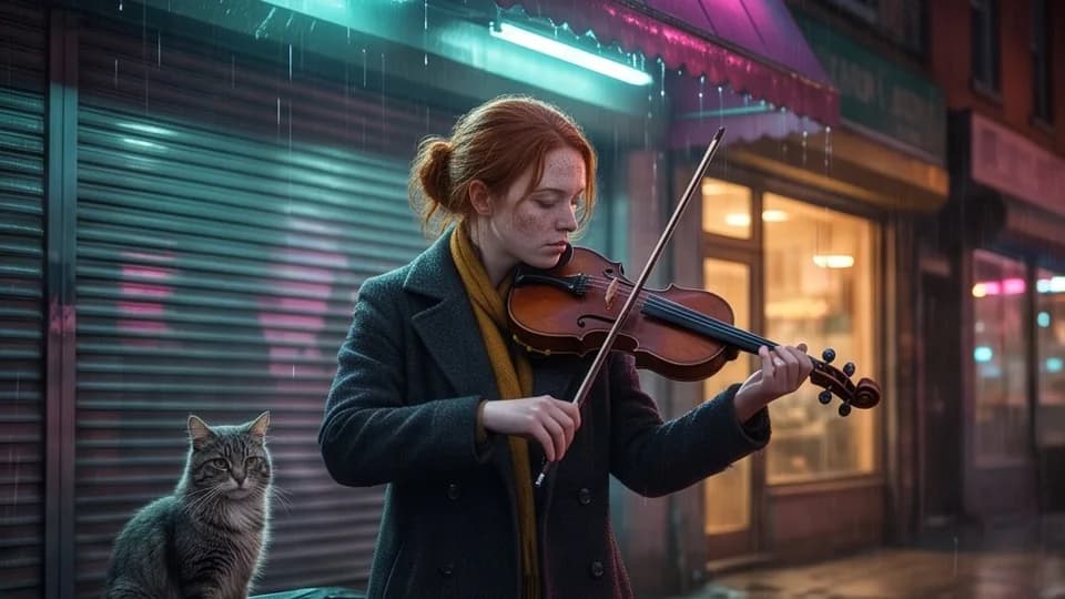 Medium shot of the red-haired violinist tuning her violin under a neon awning, a grey tabby cat beside her open case