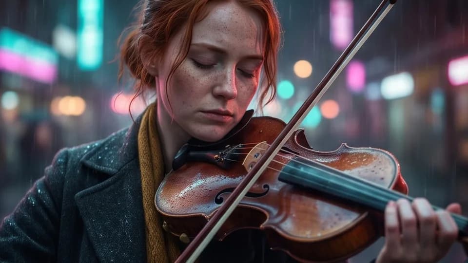 Close-up of the violinist playing with her eyes closed, rain drops on her violin, neon bokeh behind her