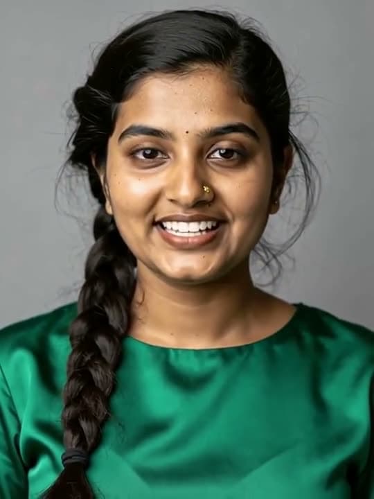 A portrait photo of a woman in a green top made into a talking video